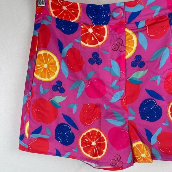 Fruit print high waisted hot shorts with side pockets pink - Picture 6 of 11